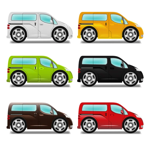 Minivan de bande dessinée avec de grandes roues, six couleurs différentes . — Image vectorielle