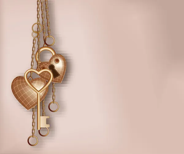 Cerradura en forma de corazón, llave y anillo — Vector de stock