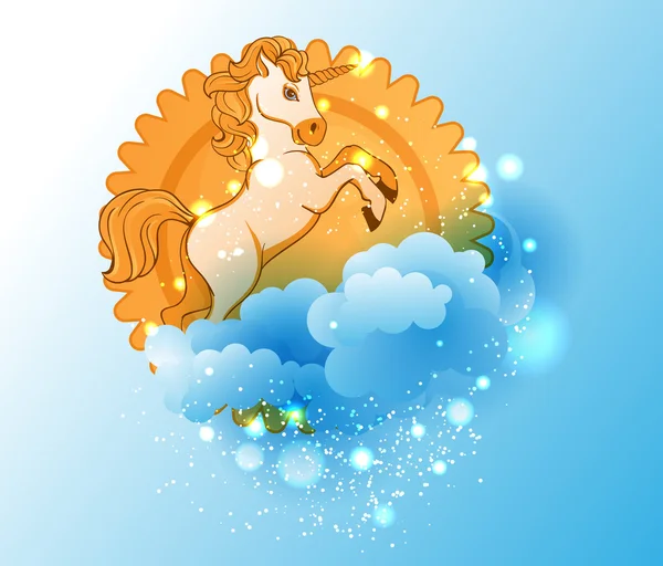 Tek boynuzlu at, güneş ve cloudscartoon tek boynuzlu at, güneşin ve bulutların cartoon — Stok Vektör