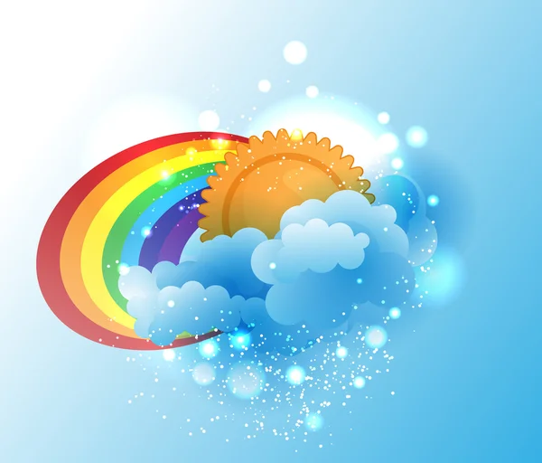 Dibujos animados sol, nube y arco iris — Vector de stock