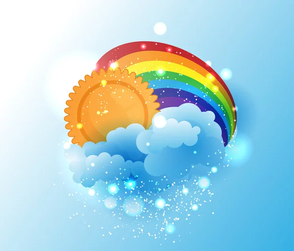 Dibujos animados sol, nube y arco iris — Vector de stock