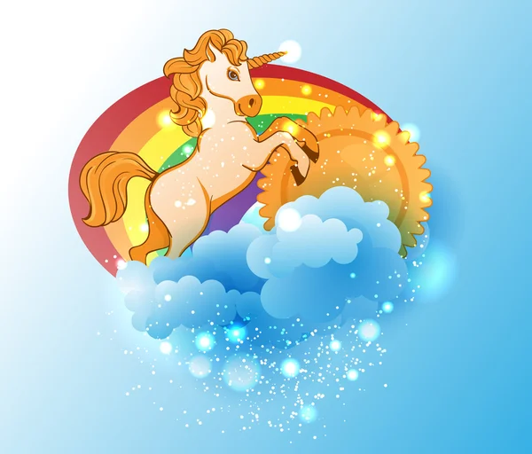 Kartun unicorn, matahari, pelangi dan awan - Stok Vektor