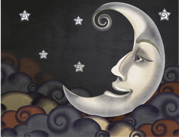 Demi lune de style rétro, nuages et étoiles illustration — Image vectorielle