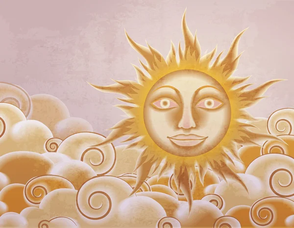 Retro styl slunce a mraky ilustrace — Stockový vektor