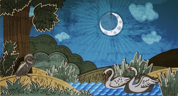 Moche canard regardant une paire de cygnes. Illustration du conte de fées Moche Canard (Hans Christian Andersen ). — Image vectorielle