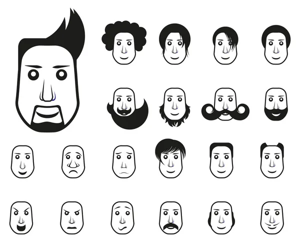 Mannelijke pictogrammen instellen met verschillende kapsel en emoties — Stockvector