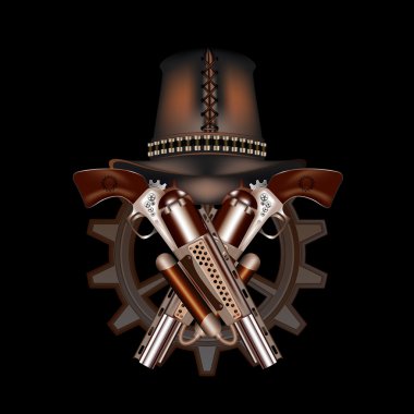 Two steampunk revolvers and hat clipart