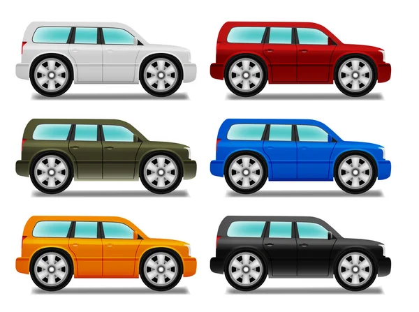 OffRoad αυτοκίνητο κινούμενα σχέδια με μεγάλες ρόδες, έξι χρώματα — Διανυσματικό Αρχείο