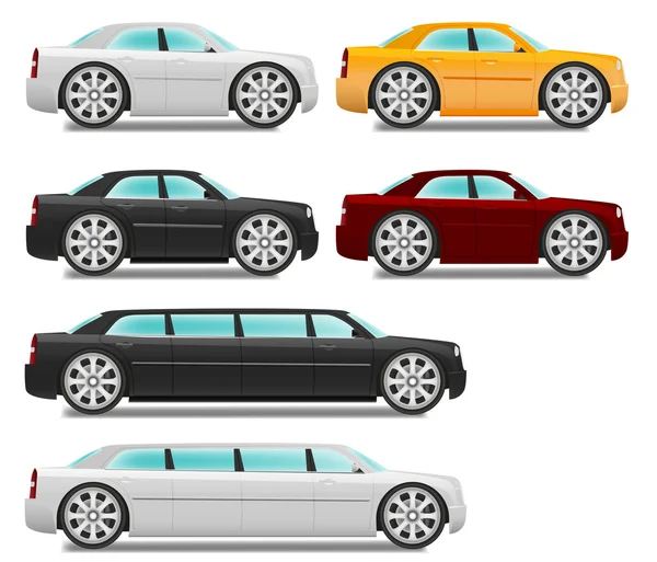 Carros de desenhos animados com rodas grandes sedan set e limusine —  Vetores de Stock