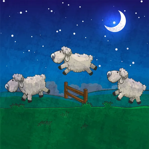 Tres ovejas saltando sobre la valla. Cuéntalos para dormir . — Vector de stock