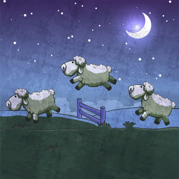 Trois moutons sautant par-dessus la clôture. Comptez-les dormir . — Image vectorielle