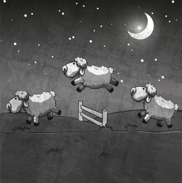 Tre pecore che saltano oltre la recinzione. Contali per dormire. . — Vettoriale Stock