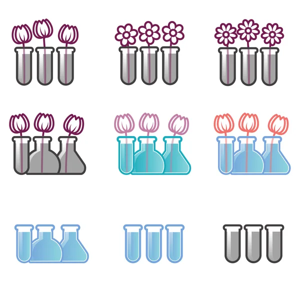 Set of icons test tubes and flowers — Stock Vector