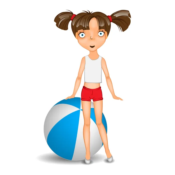 Dziewczynka z piłką na sobie krótkie spodenki i koszulka — Wektor stockowy