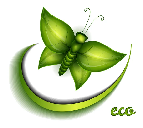 Butterfly made of green leaves eco sign — Stock Vector