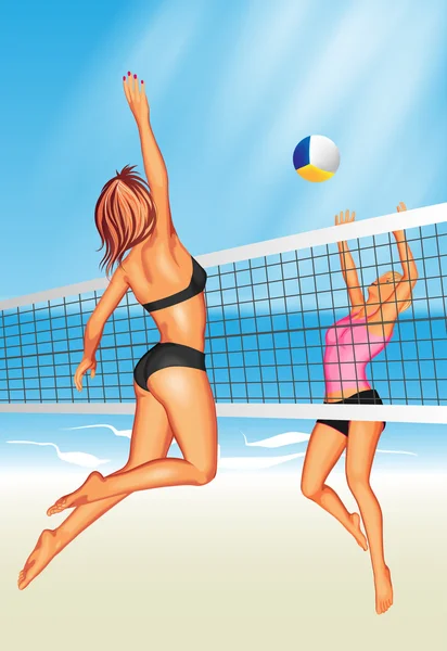 Two young women playing beach volleyball — Stock Vector