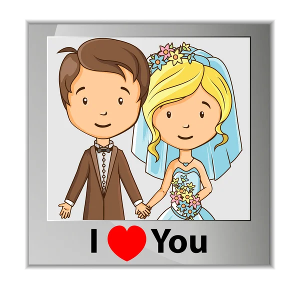 Cartoon groom and bride photo card — Stock Vector