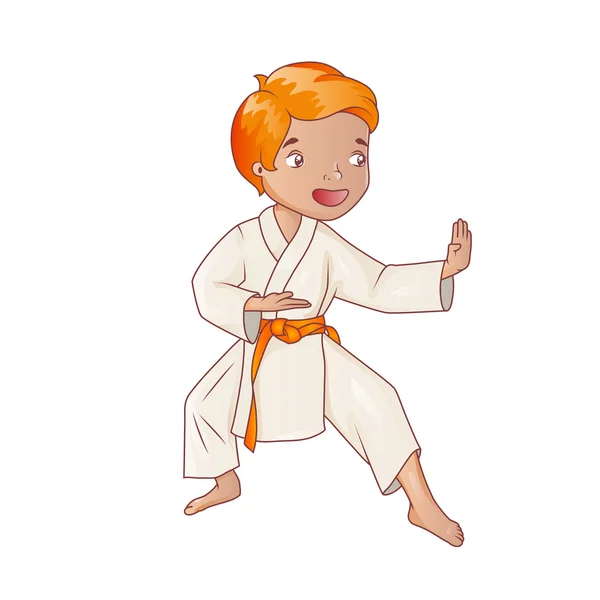 Niño pequeño usando kimono practicando karate — Vector de stock