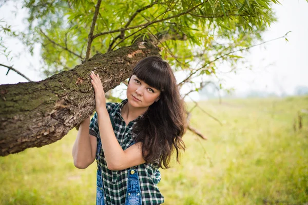 Portrait of pretty brunette holding the trunk — Stock Photo, Image