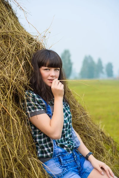 Portrait of pretty brunette lying on haystack — Stock Photo, Image