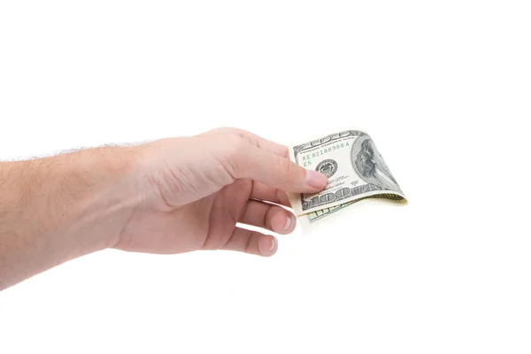 Hundred dollars in man's hand isolated on white — Stock Photo, Image
