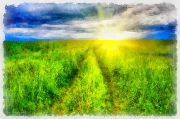 Sunny rural landscape with styled frame — Stock Photo, Image