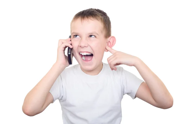 Nahaufnahme Porträt eines Jungen, der auf dem Handy spricht — Stockfoto