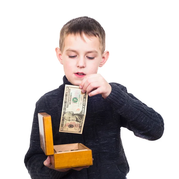 Close up portrait of boy counting money — Stock Photo, Image