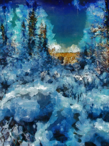 デジタルな絵画の構造。冬の森 — ストック写真