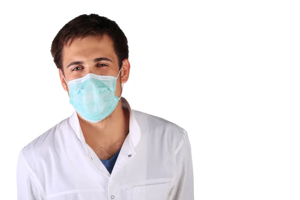 Young doctor with facial bandage, glasses and white gown smiling. — Stock Photo, Image