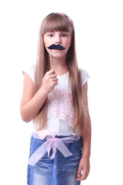 YOung chica sosteniendo bigote — Foto de Stock