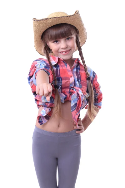 Fiatal cowgirl egy cowboy kalap mutatja a kamera. — Stock Fotó