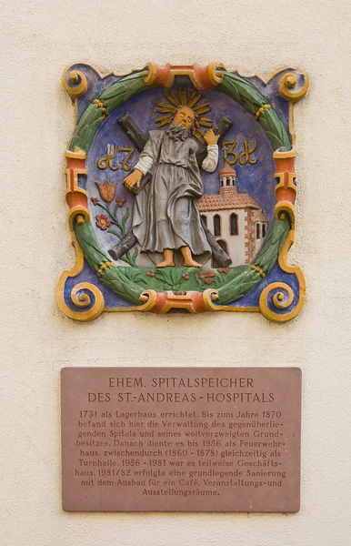 Bas-relief of Andrew the Apostle. Former St. Andrews Hospital, O — Stock Photo, Image