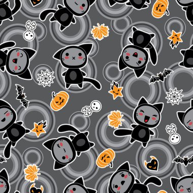 Kawaii background of Halloween-related objects and creatures.