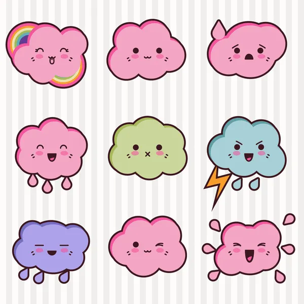 Collection of funny and cute happy kawaii clouds. Vector Graphics