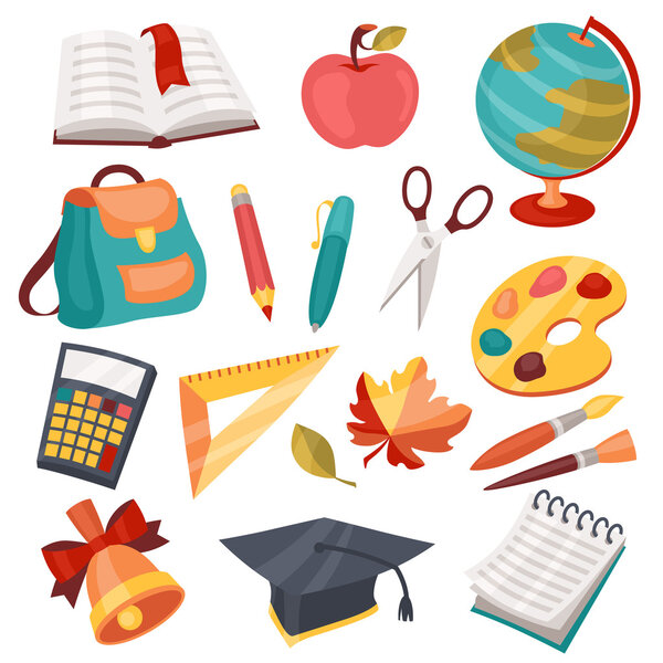 School and education icons, symbols, objects set.