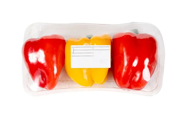 Gele Rode Paprika Verpakt Gelabeld Witte Achtergrond — Stockfoto