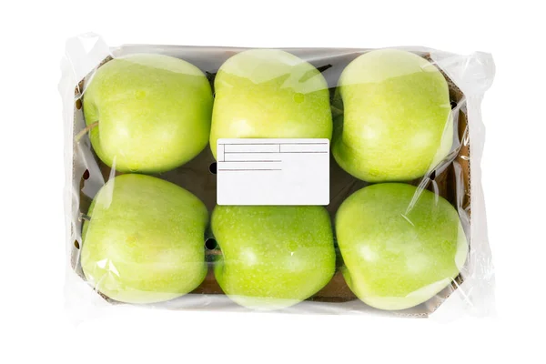 Csomagolt Címkézett Zöld Alma Izolált Fehér Háttér — Stock Fotó