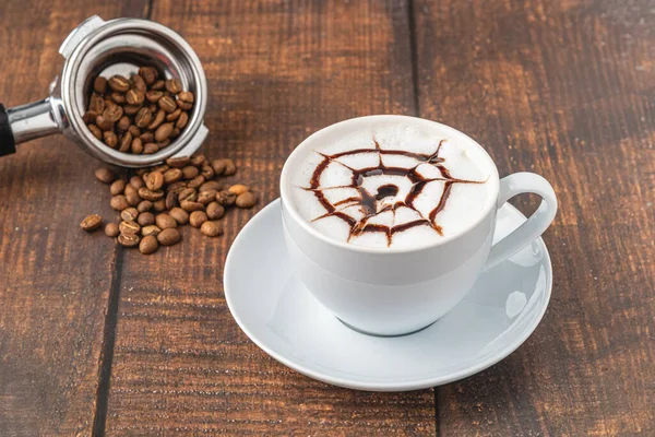 Čerstvé Lahodné Káva Cappuccino Starém Dřevěném Stole — Stock fotografie