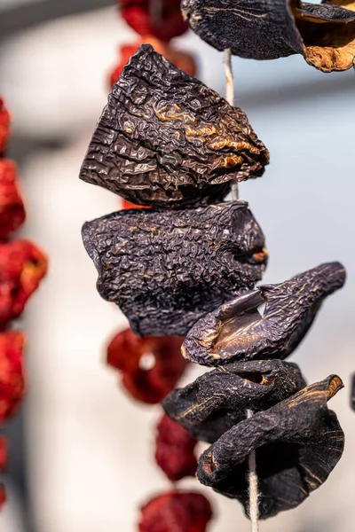 Dry Eggplant Dry Bell Chili Hanging Market Local Ingredient Closeup — Stock Photo, Image