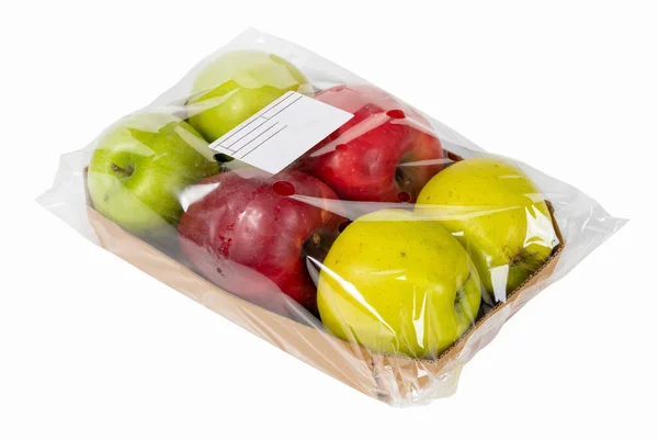 Labeled Packaged Yellow Green Red Apple White Background — Stock Photo, Image