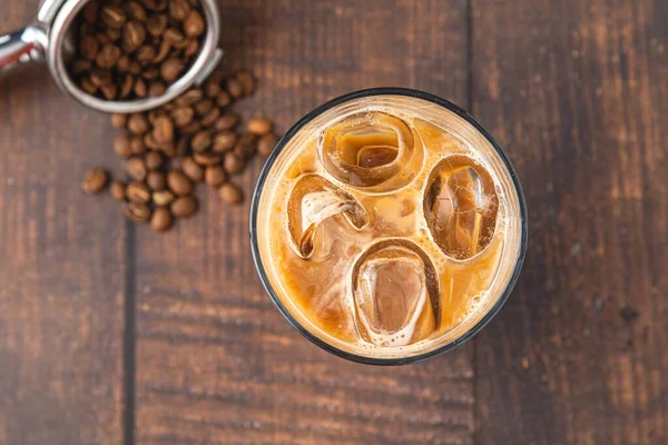 Cup Iced Latte Coffee Ice Cubes Placed Wooden Table Coffee — 스톡 사진