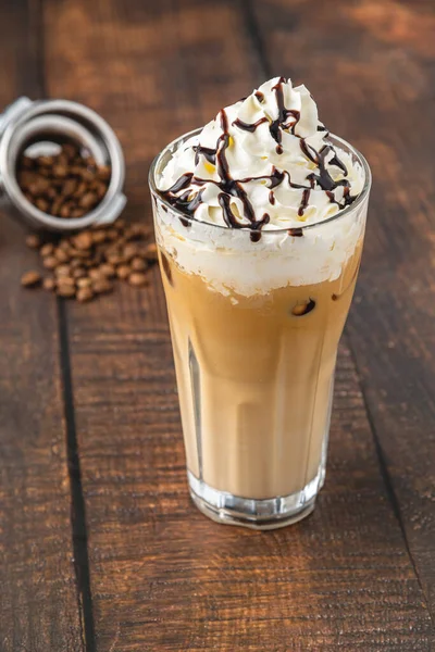 Iced Coffee Frappe Whipped Cream Glass Cup Wooden Table — 스톡 사진