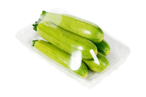 Packaged Labeled Fresh Zucchini Isolated White Background — Stock Photo, Image