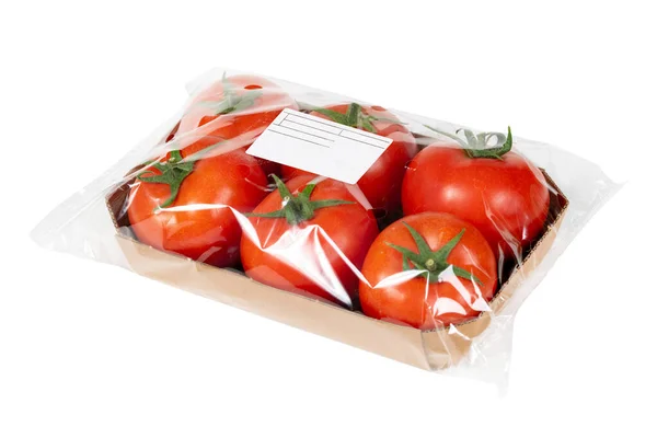 Packed Labeled Fresh Tomatoes Isolated White Background — Stockfoto