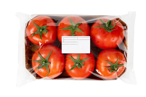 Packed Labeled Fresh Tomatoes Isolated White Background — Stockfoto
