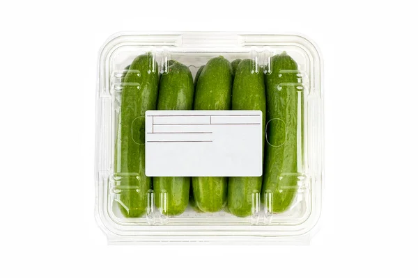 Freshly Harvested Mini Cucumber Package Label White Background — Stock Photo, Image