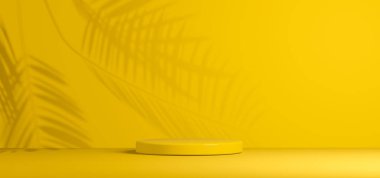 Ürünlerin gösterimi için sarı arkaplanda silindirik duruşu olan gösteri odası