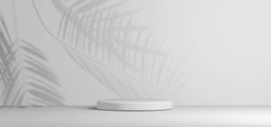 Ürünlerin gösterimi için gri arkaplanda silindirik duruşu olan gösteri odası