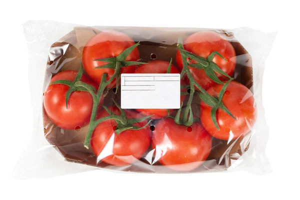 Nyskördade Tomater Förpackade Och Märkta Isolerad Vit Bakgrund — Stockfoto